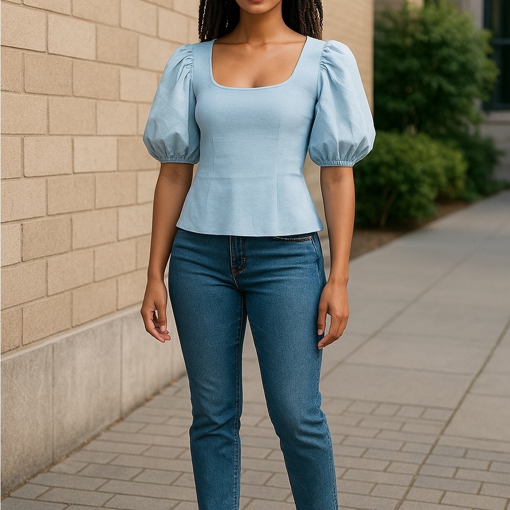 Theory Light Blue Puff Sleeve Top